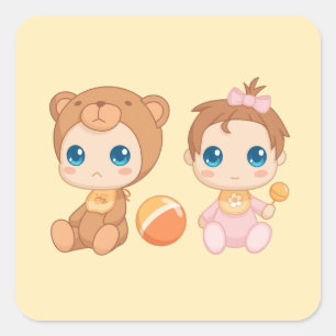 Baby Girl Twins Bear Jumpsuit 2 on Yellow Square Sticker