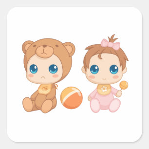 Baby Girl Twins Bear Jumpsuit 2 Square Sticker