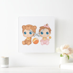 Baby Girl Twins Bear Jumpsuit Square Wall Clock