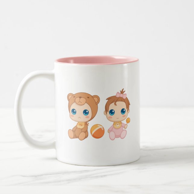 Baby Girl Twins Bear Jumpsuit Two-Tone Coffee Mug (Left)