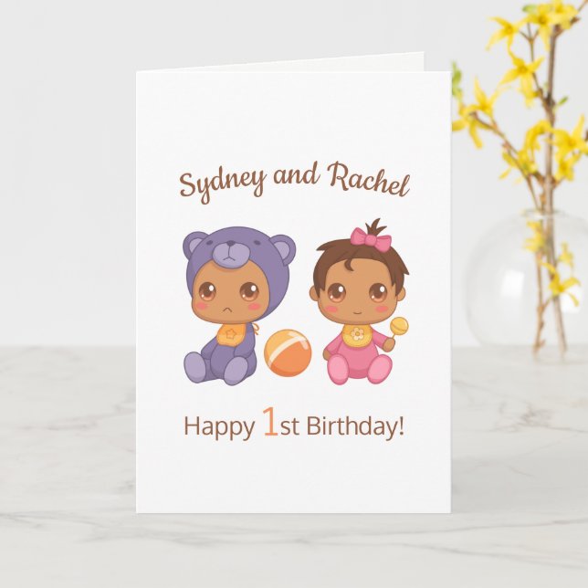 Baby Girl Twins First Birthday Names Blank 2 Card (Yellow Flower)
