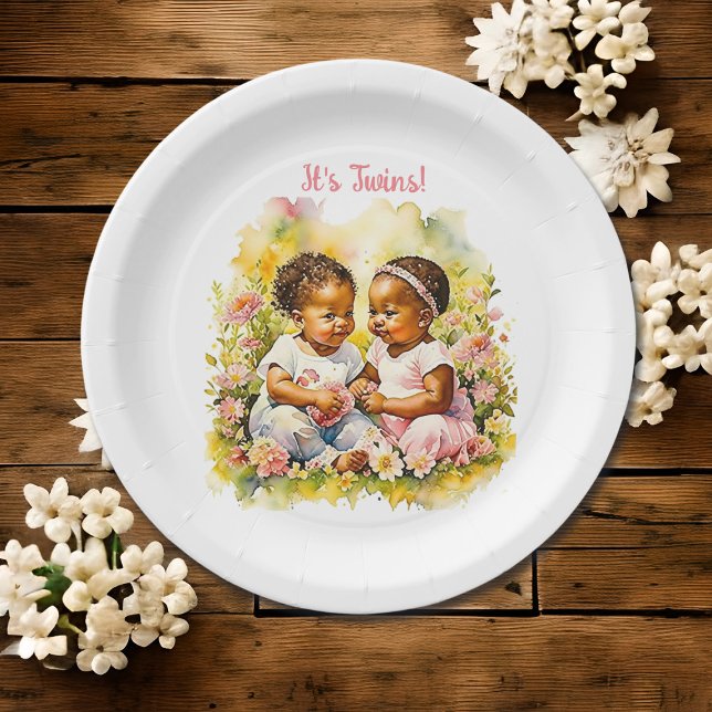 Baby Girl Twins of Colour Baby Shower Paper Plate (Creator Uploaded)