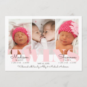 Baby Girl Twins Pretty in Pink Birth Announcement
