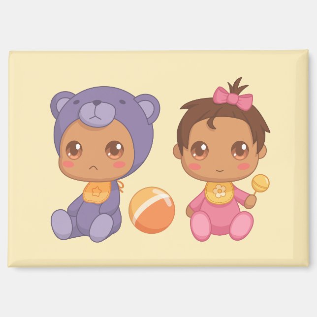 Baby Girl Twins Purple Bear Jumpsuit on Yellow Mag Magnet (Front)