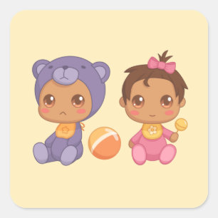 Baby Girl Twins Purple Bear Jumpsuit on Yellow Squ Square Sticker