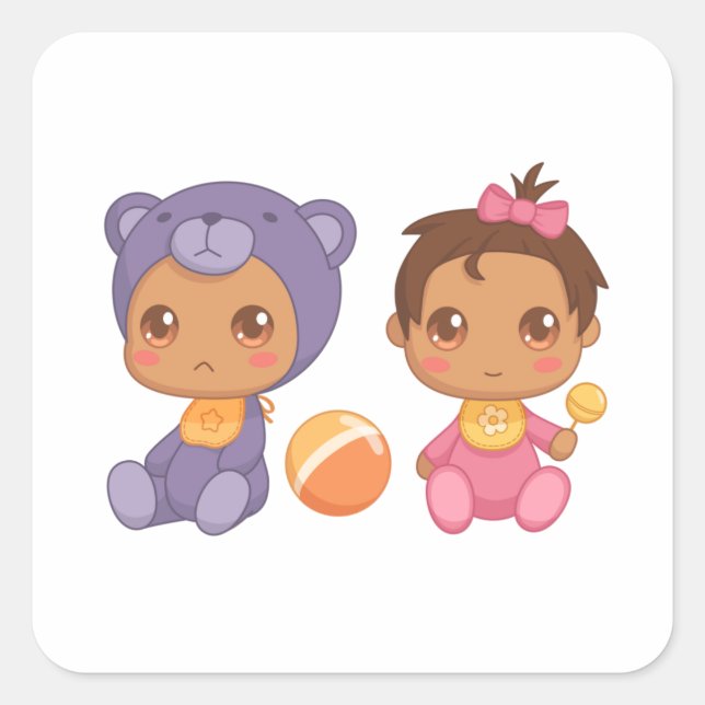 Baby Girl Twins Purple Bear Jumpsuit Square Sticke Square Sticker (Front)