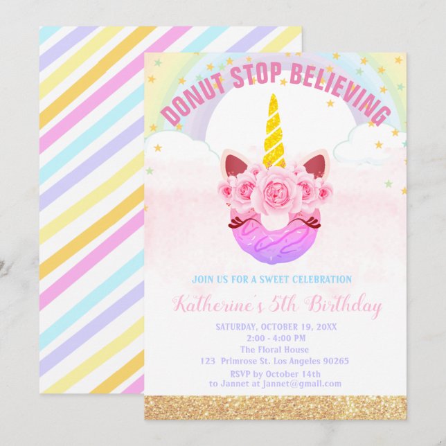 Baby Girl Unicorn Doughnut Stop Believing Birthday Invitation (Front/Back)