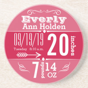 Baby Girl Vintage Modern Pink Birth Record Coaster
