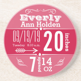 Baby Girl Vintage Modern Pink Birth Record Coaster