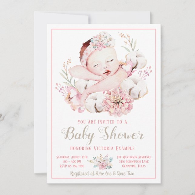 Baby Girl Watercolor Baby Shower Invitations (Front)