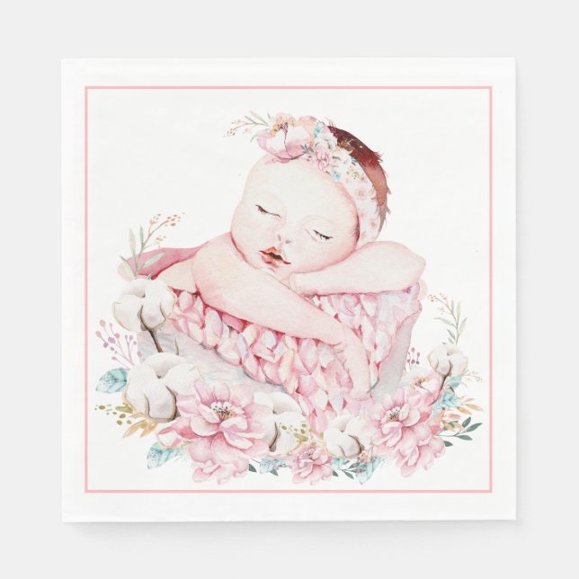 Baby Girl Watercolor Baby Shower Paper Napkins (Front)