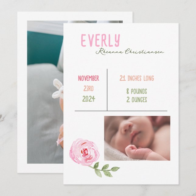 Baby Girl Watercolor Flower Birth Announcement (Front/Back)