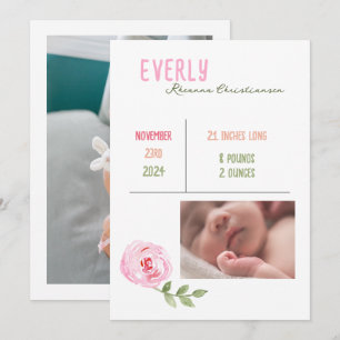 Baby Girl Watercolor Flower Birth Announcement