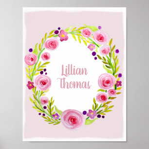 Baby Girl Watercolor Flower Wreath & Name Nursery Poster