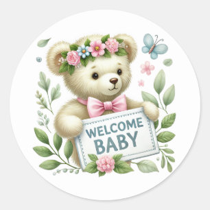 Baby girl welcome bear classic round sticker