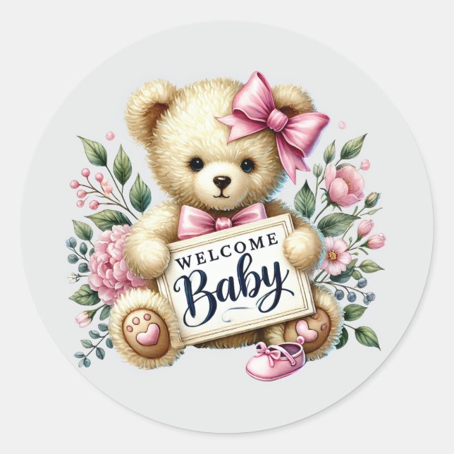 Baby girl welcome bear  classic round sticker (Front)