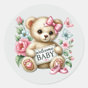 Baby girl welcome bear  classic round sticker
