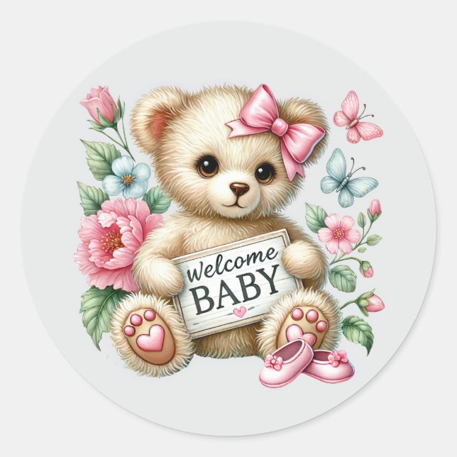 Baby girl welcome bear  classic round sticker (Front)