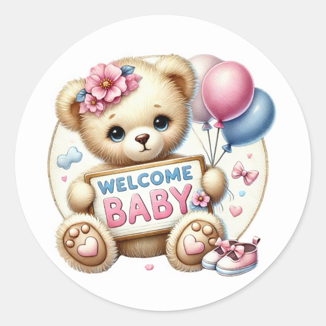 Baby girl welcome bear classic round sticker (Front)