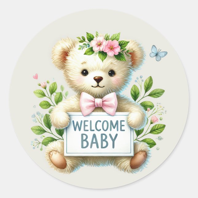 Baby girl welcome bear classic round sticker (Front)