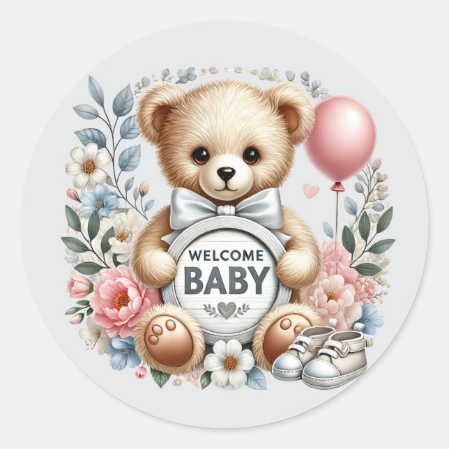 Baby girl welcome bear  classic round sticker (Front)