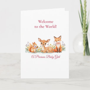 Baby Girl Welcome Woodland Animals Deer Fox Squirr Card