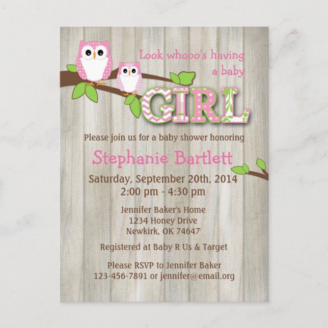 Baby Girl White Owl Shower Postcard (Front)