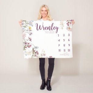 Baby Girl Wildflower Milestone Blanket, Lavender  Fleece Blanket