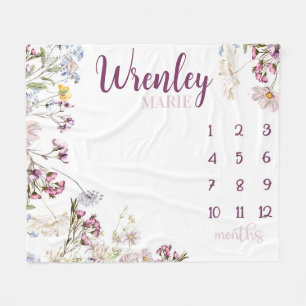 Baby Girl Wildflower Milestone Blanket, Lavender  Fleece Blanket