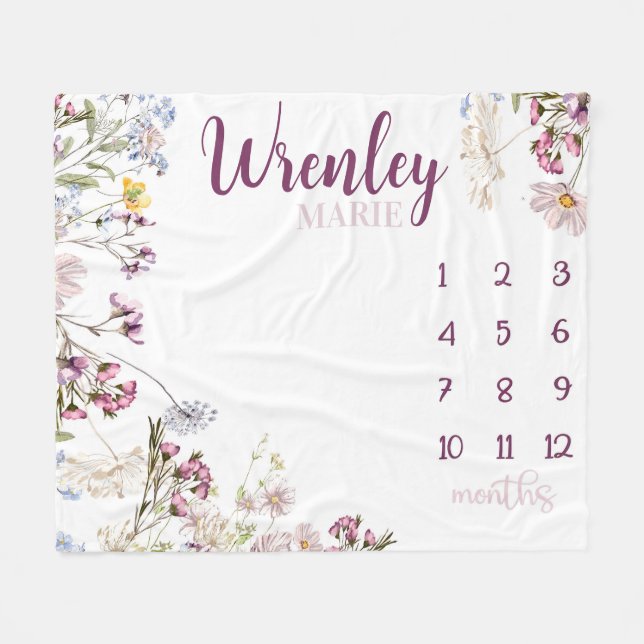 Baby Girl Wildflower Milestone Blanket, Lavender  Fleece Blanket (Front (Horizontal))