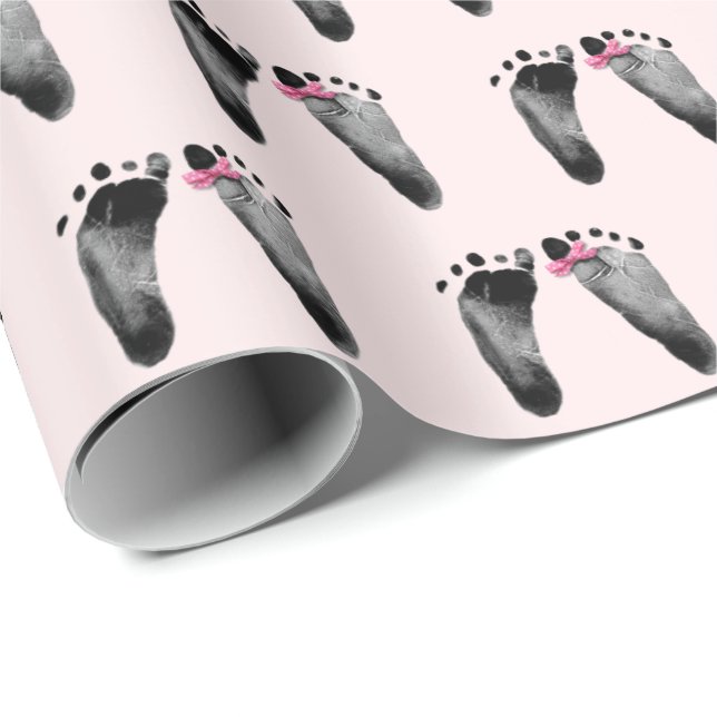 Baby Girl with Bow Footprints Wrapping Paper (Roll Corner)