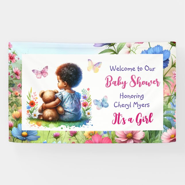Baby Girl with her Teddy Bear Baby Shower Welcome Banner (Horizontal)