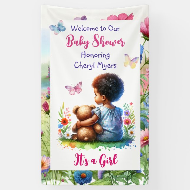 Baby Girl with her Teddy Bear Baby Shower Welcome Banner (Vertical)