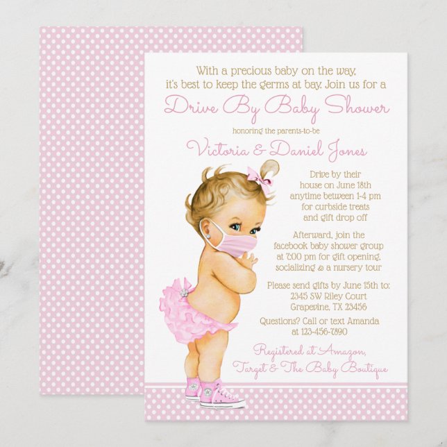 Baby Girl With Mask Drive By Baby Shower Invitation (Front/Back)