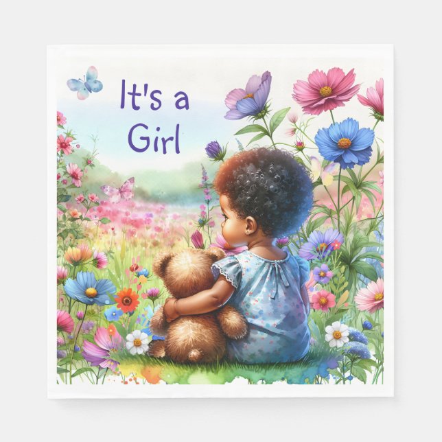 Baby Girl with Teddy Bear Baby Shower It's a Girl Napkin (Front)