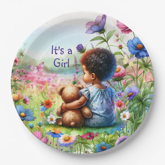 Baby Girl with Teddy Bear Baby Shower It's a Girl Paper Plate (Front)