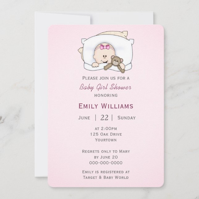 Baby Girl With Teddy Bear Invitation (Front)