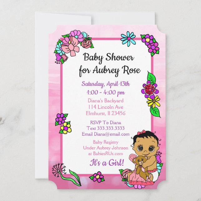 Baby Girl with Teddy Bear Pink Baby Shower Ethnic Invitation (Front)