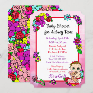 Baby Girl with Teddy Bear Pink Baby Shower Invitation