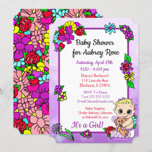 Baby Girl with Teddy Bear Purple Baby Shower Folk Invitation