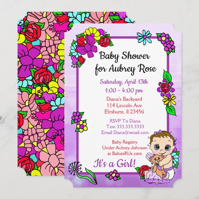 Baby Girl with Teddy Bear Purple Baby Shower Invitation (Front/Back)
