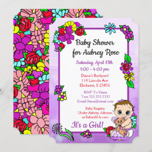 Baby Girl with Teddy Bear Purple Baby Shower Invitation