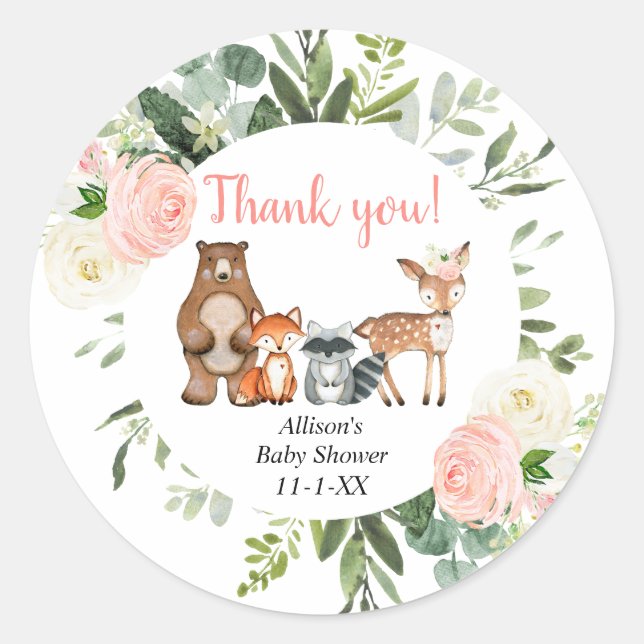 Baby girl woodland animals blush pink greenery classic round sticker (Front)
