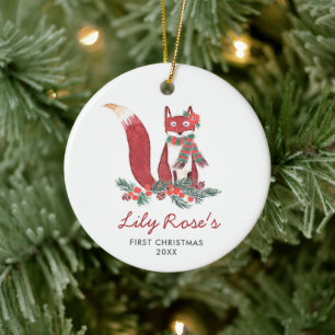 Baby Girl Woodland Fox Personalised 1st Christmas Ceramic Tree Decoration