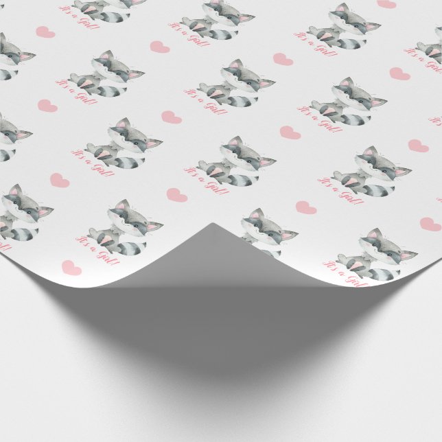 Baby Girl Wrapping Paper Pink Racoon It's A Girl (Corner)