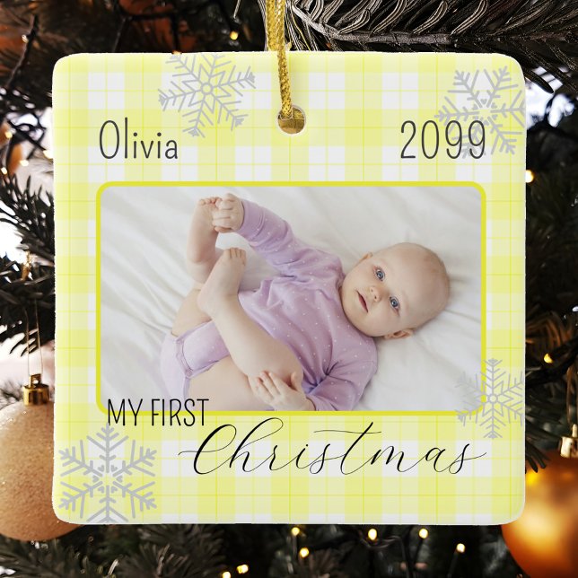 Baby girl yellow plaid snowflake first Christmas Ceramic Ornament (Creator Uploaded)
