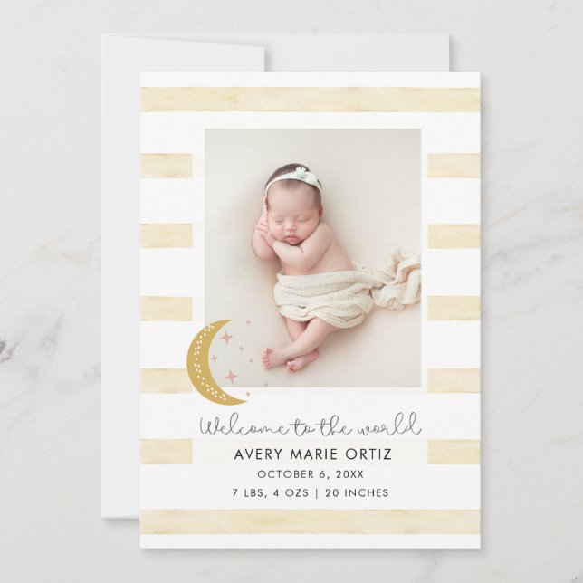 Baby Girl Yellow Stripe Birth Photo Announcement (Front)