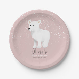 Baby Girls 1st Birthday Pink Winter Polar Bear Paper Plate