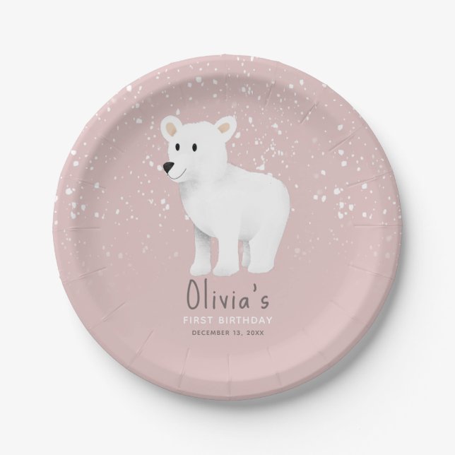Baby Girls 1st Birthday Pink Winter Polar Bear Paper Plate (Front)