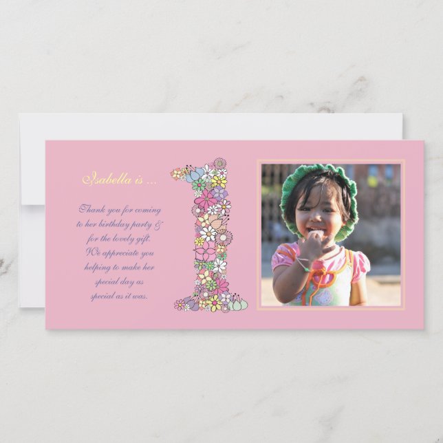 Baby Girls 1st Birthday Thank You Photo Card (Front)